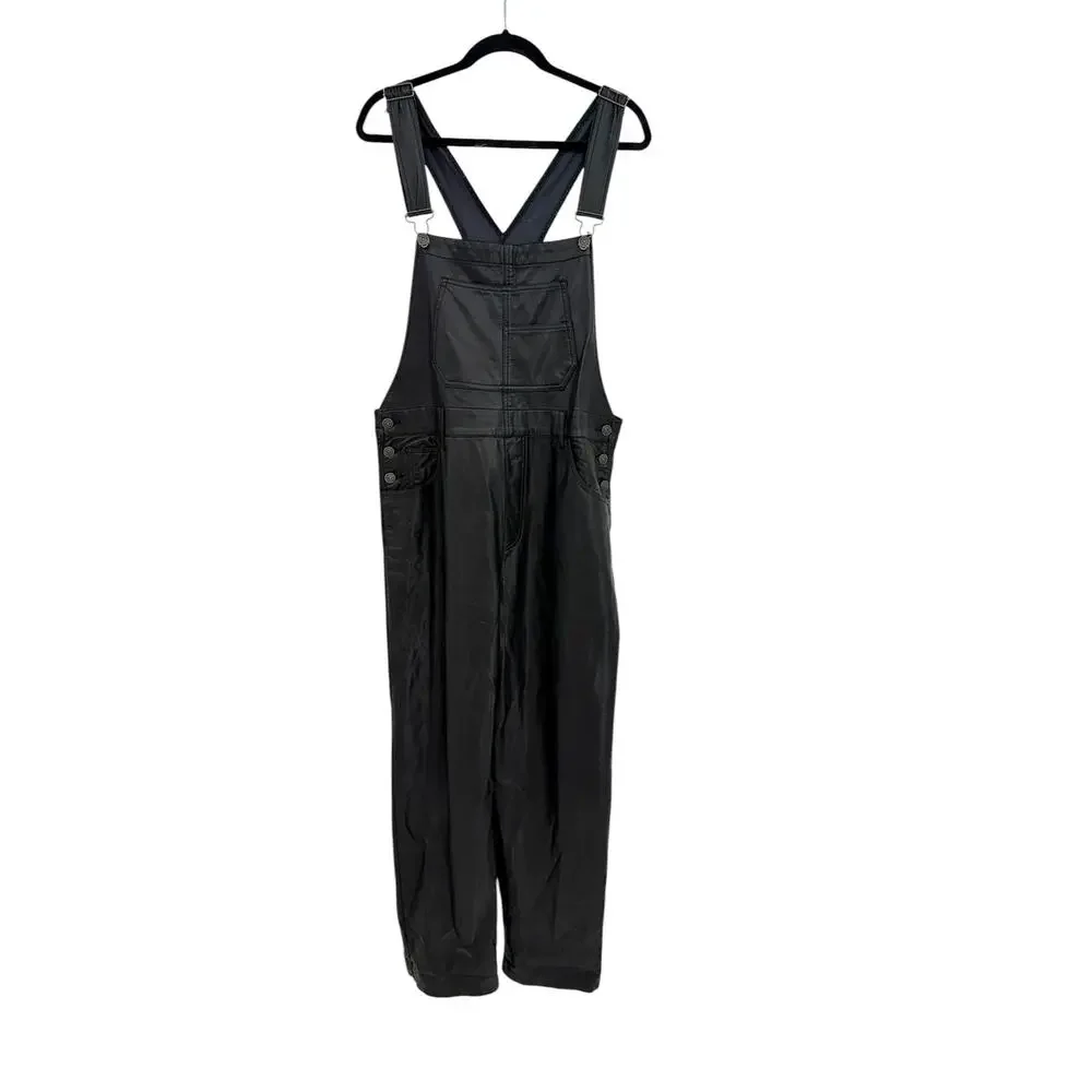 Free People Ziggy Faux Leather‎ Overalls Black Utility Jumpsuit Size Large